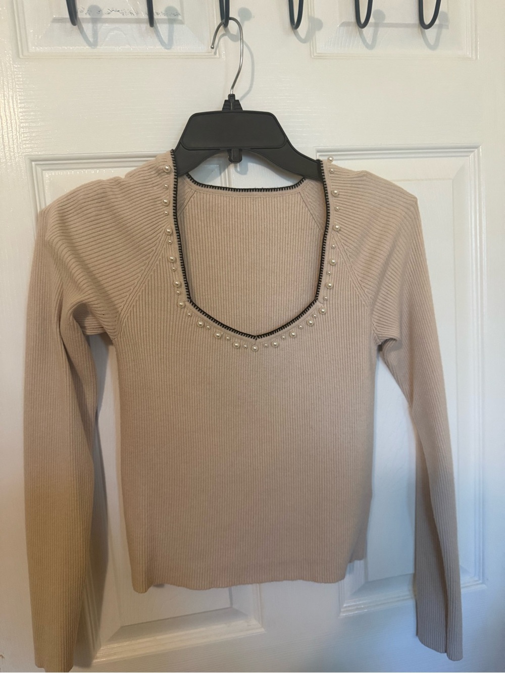 Fashion Nova Beige Ribbed Long Sleeve Top with Studded Scoop Neck